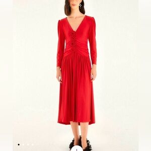 NWT - FARM Rio Red 3D Roses Long Sleeve Draped Midi Dress